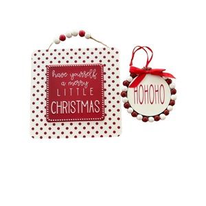 Christmas sign w/ Red & White beads & beaded ho ho ho ornament- NWT